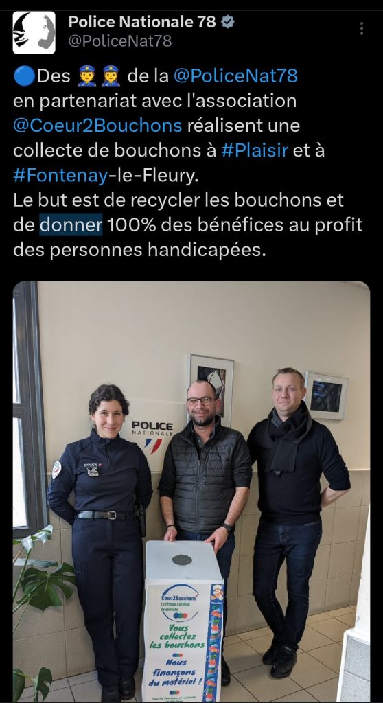 La Police nationale partenaire de la collecte des bouchons en plastique avec Bouchons Franciliens